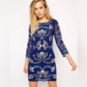 Needle & Thread Gilded Filigree Blue Embellished Dress, 3/4 Sleeve | Size 2 (US)